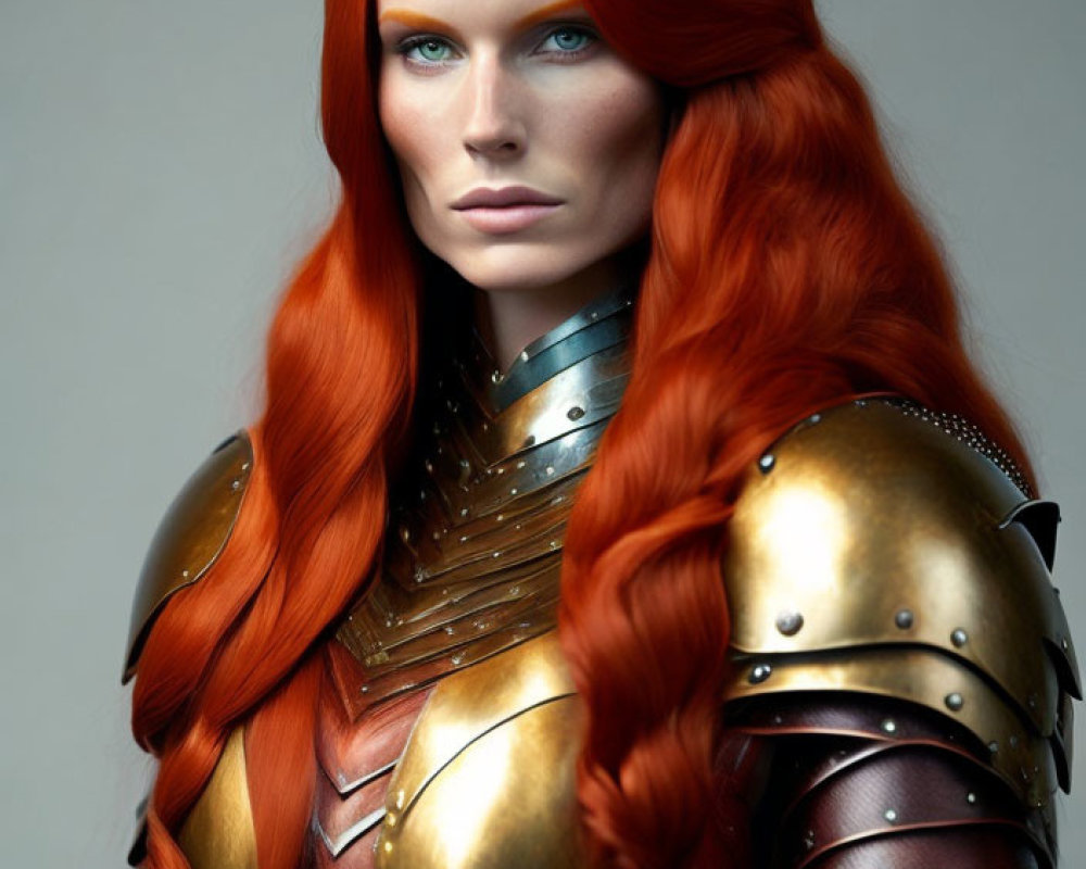 Red-haired woman in golden armor as a fantasy warrior