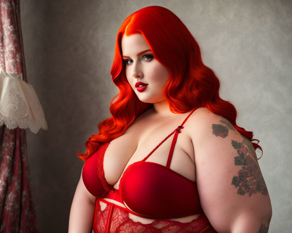 Red-haired woman in red lingerie with arm tattoo against grey backdrop