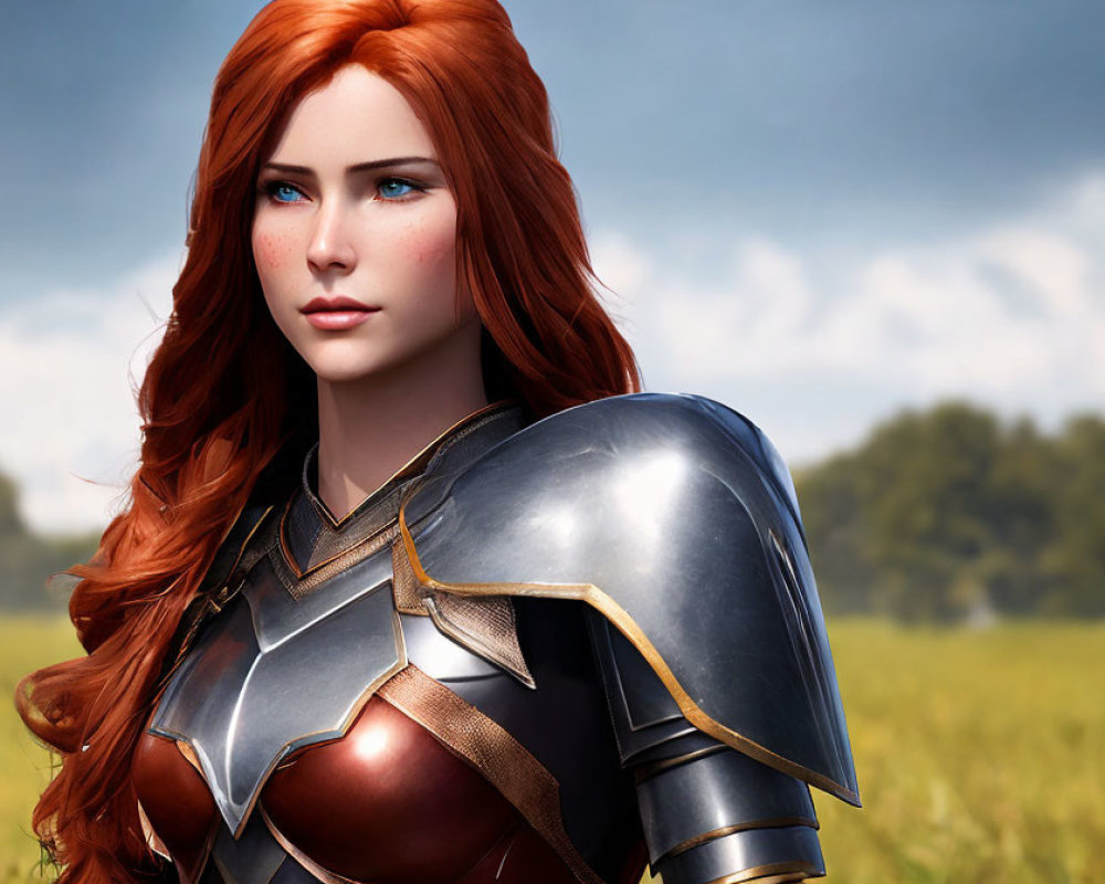 Red-haired woman in medieval armor on grassy field - Digital Art