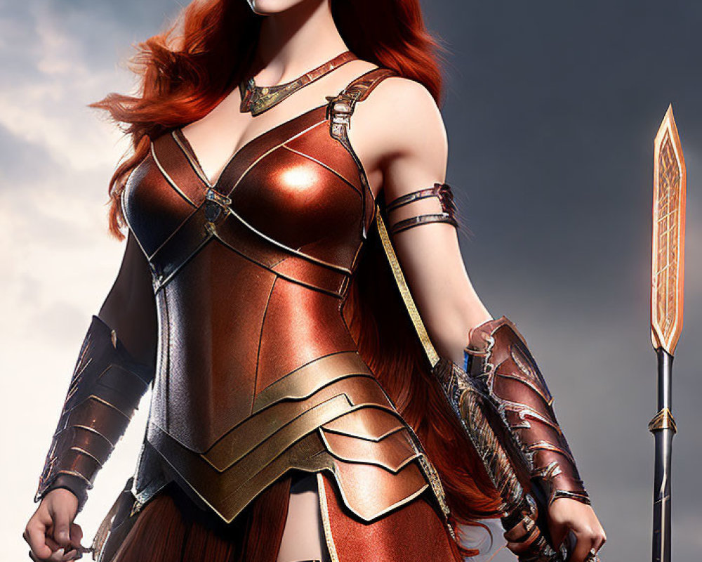 Red-Haired Warrior Woman in Fantasy Armor with Spear and Stormy Sky