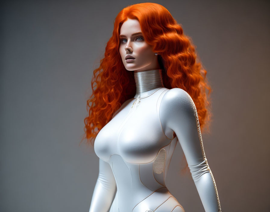 Vibrant Red Hair Mannequin in Futuristic White Bodysuit