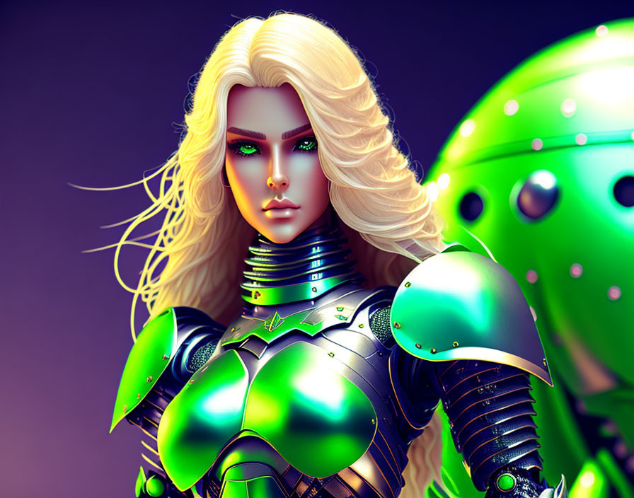 Blonde woman in futuristic green armor with robot in background