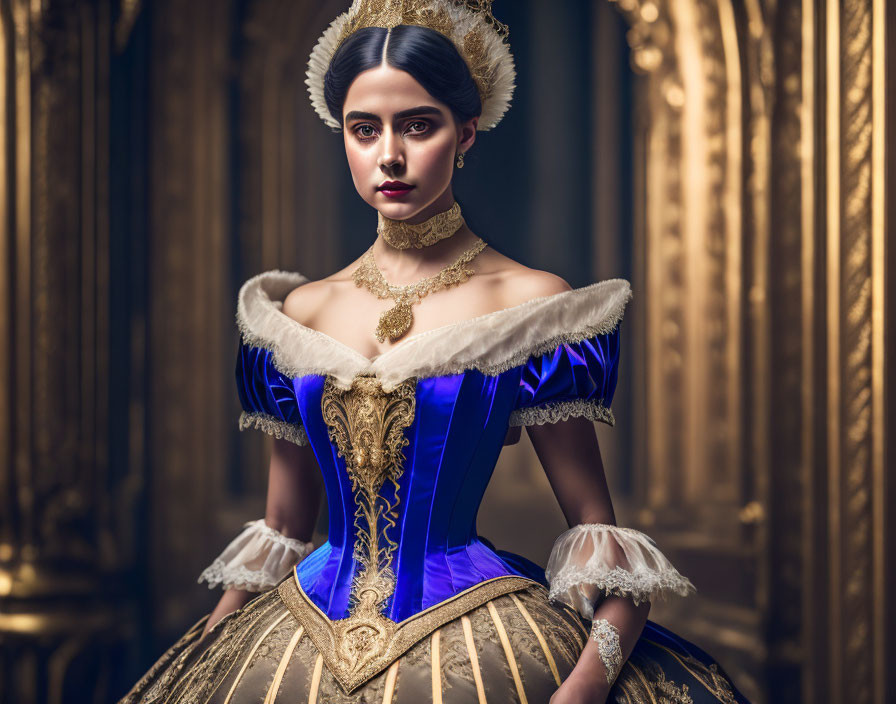 Elaborate blue and gold historical dress with fur collar and cuffs in luxurious room