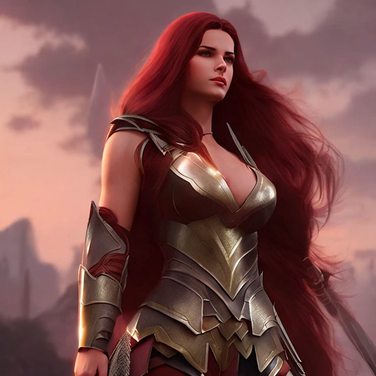Digital Artwork: Female Warrior in Silver and Gold Armor with Red Hair