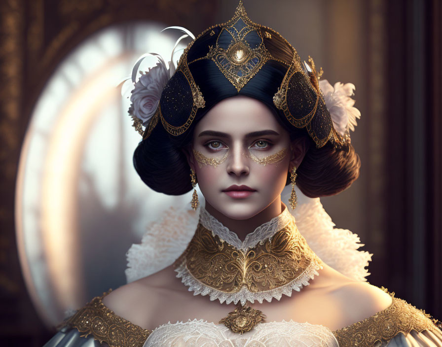 Regal woman in royal attire with headdress and lace collar