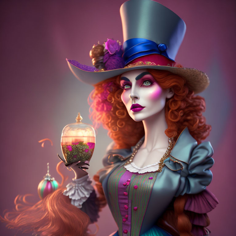 Vibrant Red-Haired Woman in Victorian Outfit with Blue Top Hat