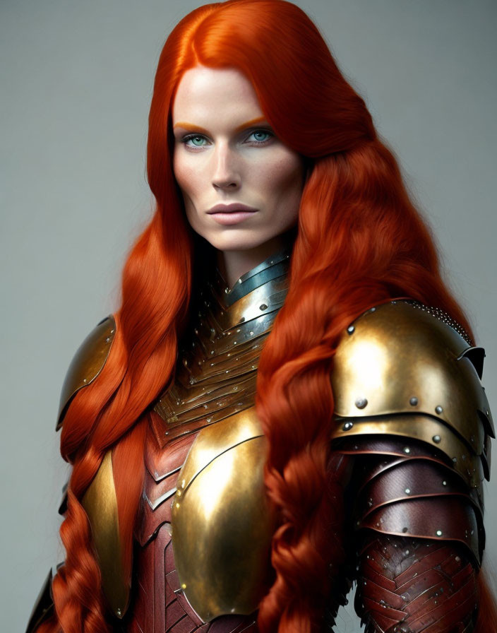 Red-haired woman in golden armor as a fantasy warrior