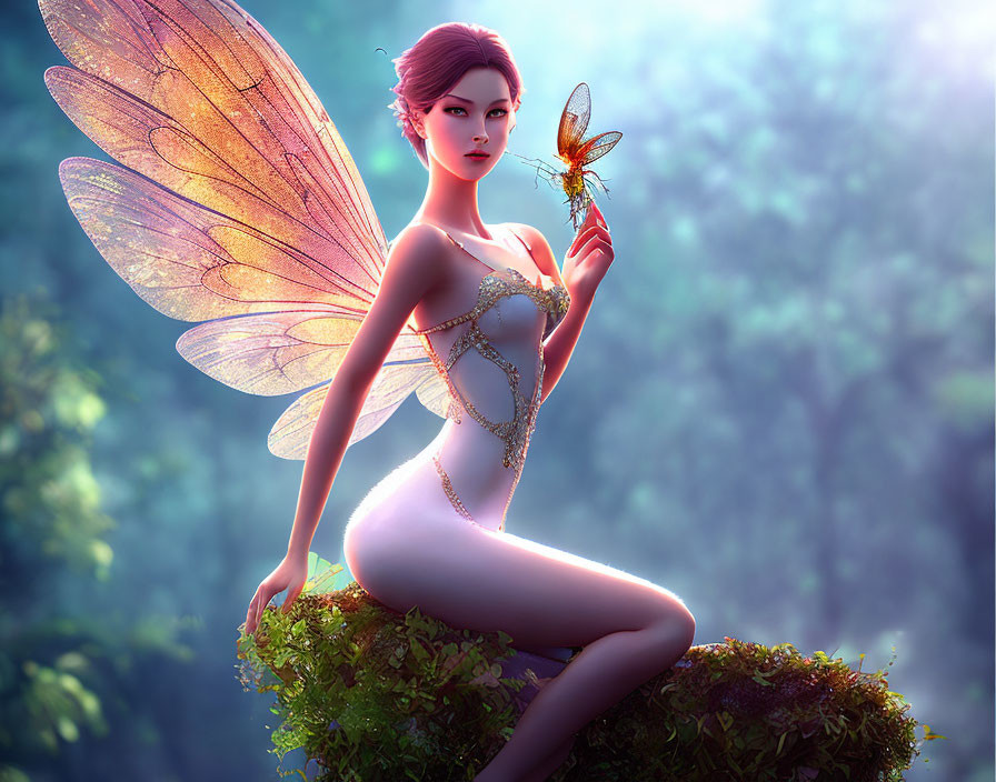 Fantasy fairy with translucent wings holding a butterfly in forest setting