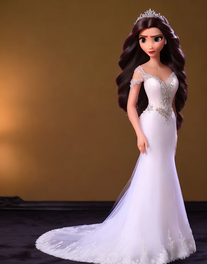 Long Brown Hair Doll in White Bridal Gown with Tiara on Golden Background