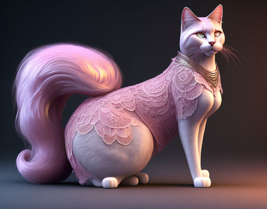 Sophisticated anthropomorphic cat in pink lace dress with long tail