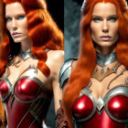 Digital artwork: Woman in red hair & fantasy armor, two portraits - soft & intense.
