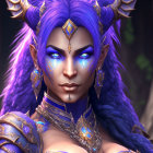 Fantasy character portrait with purple skin, pointed ears, blue eyes, ornate armor, braided
