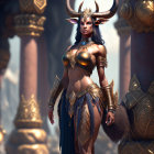 Fantasy female character with horns in golden armor beside bull statue in ornate temple