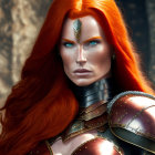 Digital artwork featuring woman with red hair, blue eyes, golden armor, and floral tiara.