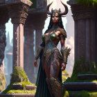 Fantasy female warrior with horns in ornate armor among temple-like structures