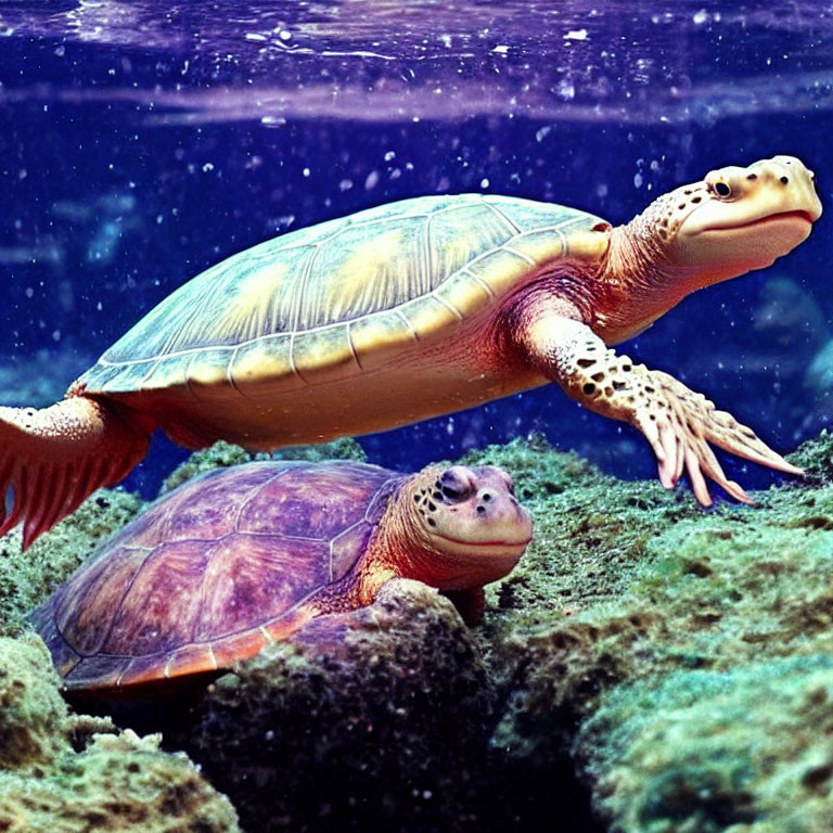 Sea turtles swimming near ocean floor with outstretched flippers and resting on algae-covered rocks.