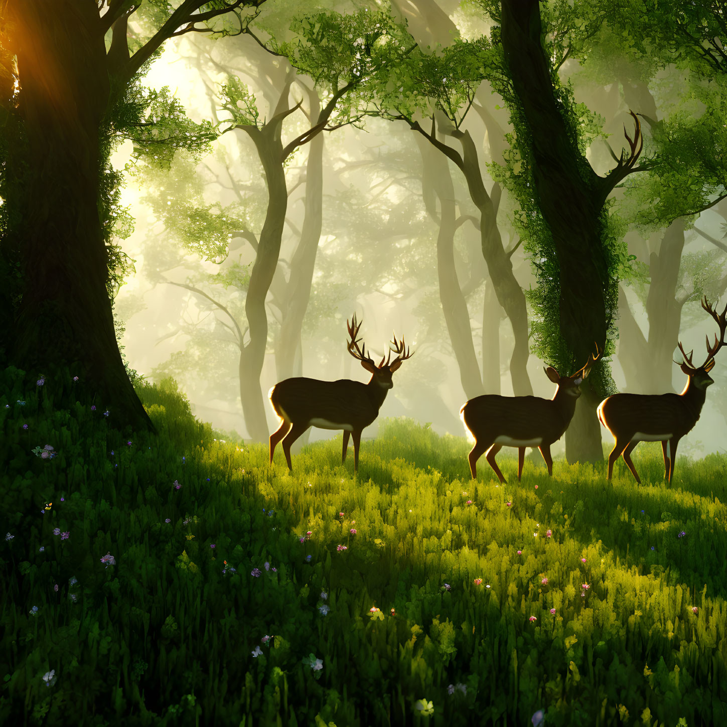 Tranquil forest landscape with deer grazing under sunlight