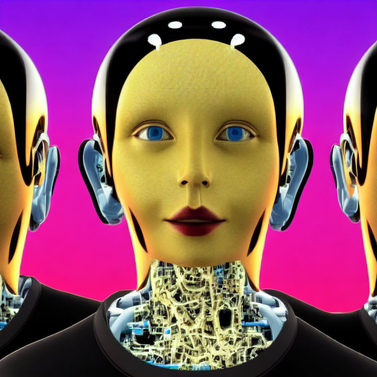Three robot heads with human-like features on purple background, one facing forward with exposed circuitry.