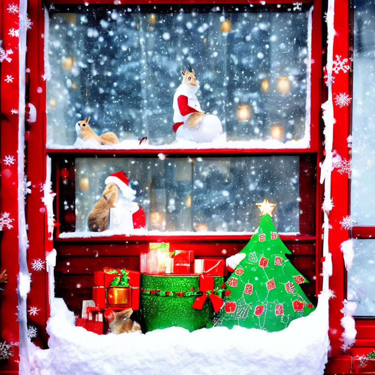 Festive red window frame with squirrels in Santa hats, gifts, Christmas tree, and snow