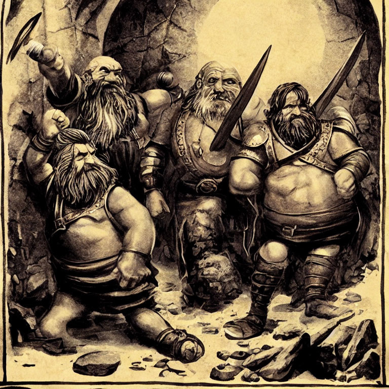 Fantasy dwarves in armor with swords and axes in dimly lit cavern