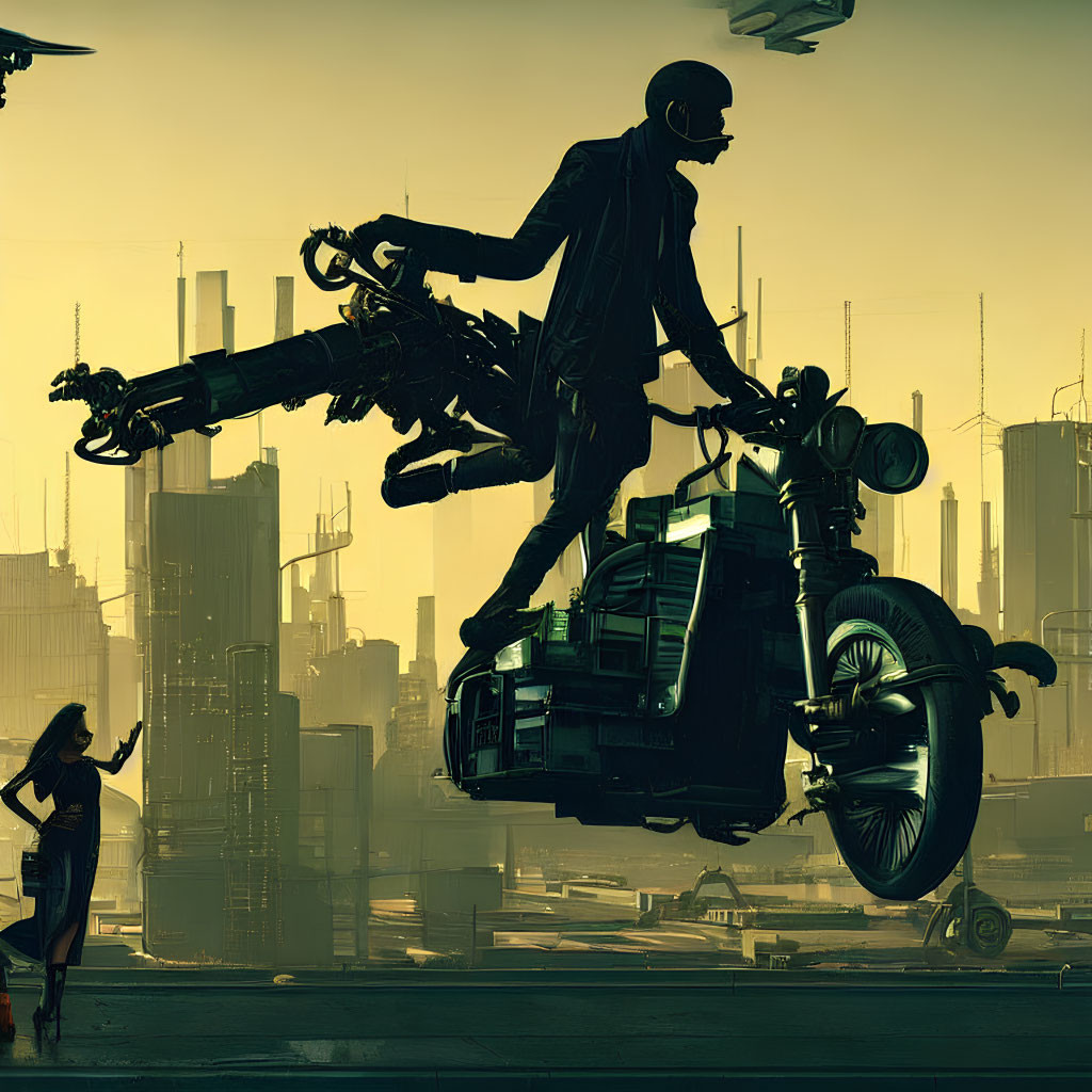 Man in suit on hovering motorcycle with woman in futuristic cityscape.