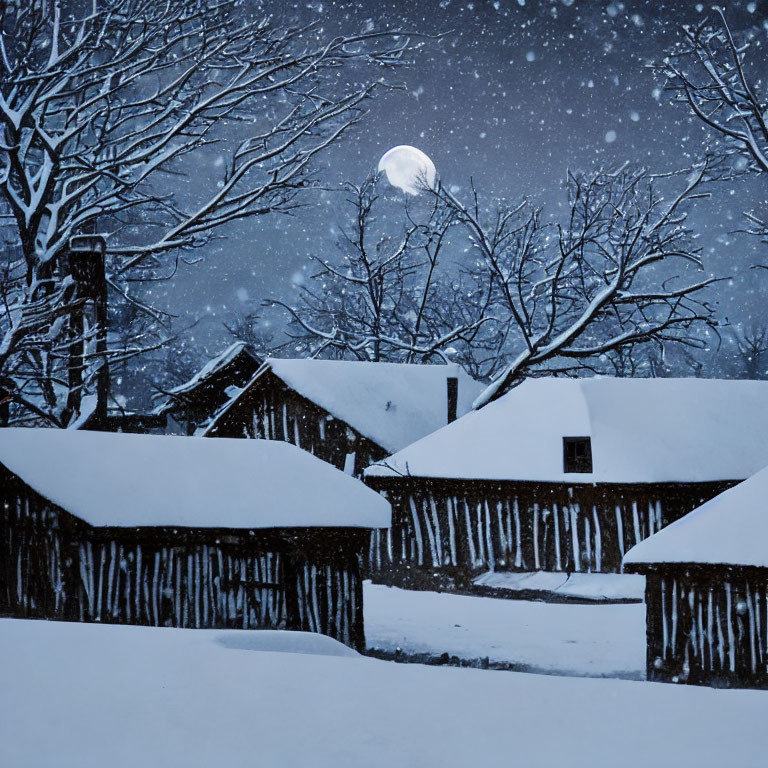 Winter night scene: snow-covered cottages, full moon, bare trees, starry sky
