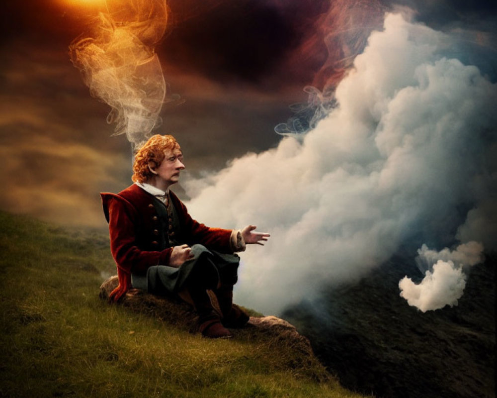 Fantasy character on grassy cliff under dramatic sky