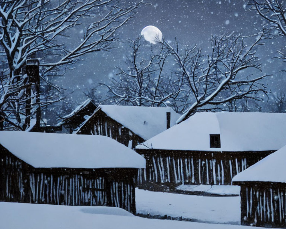 Winter night scene: snow-covered cottages, full moon, bare trees, starry sky
