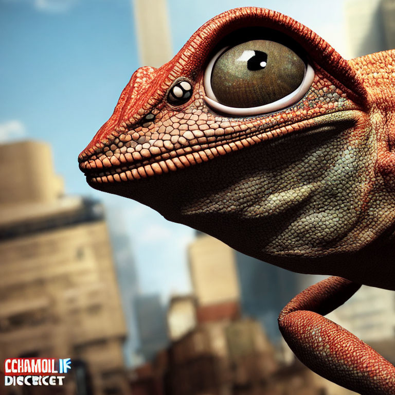 Detailed CGI gecko close-up with textured skin and urban backdrop.