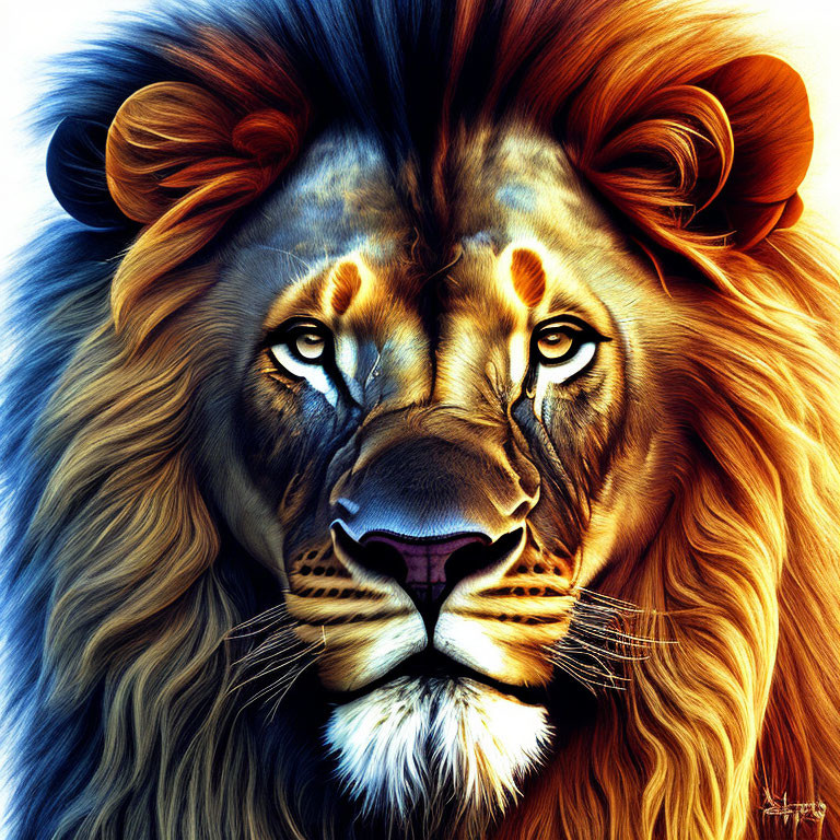 Detailed Lion Head Illustration with Intense Eyes and Warm Colors