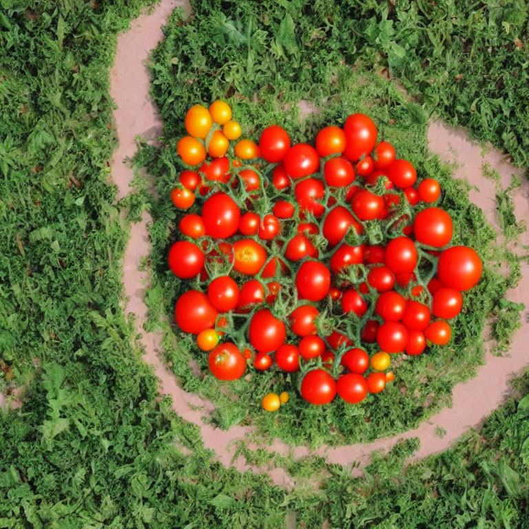 Vibrant red tomatoes on ground with green plants and dirt path
