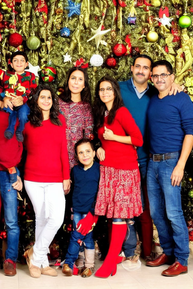 Festive Family Holiday Photo by Decorated Christmas Tree