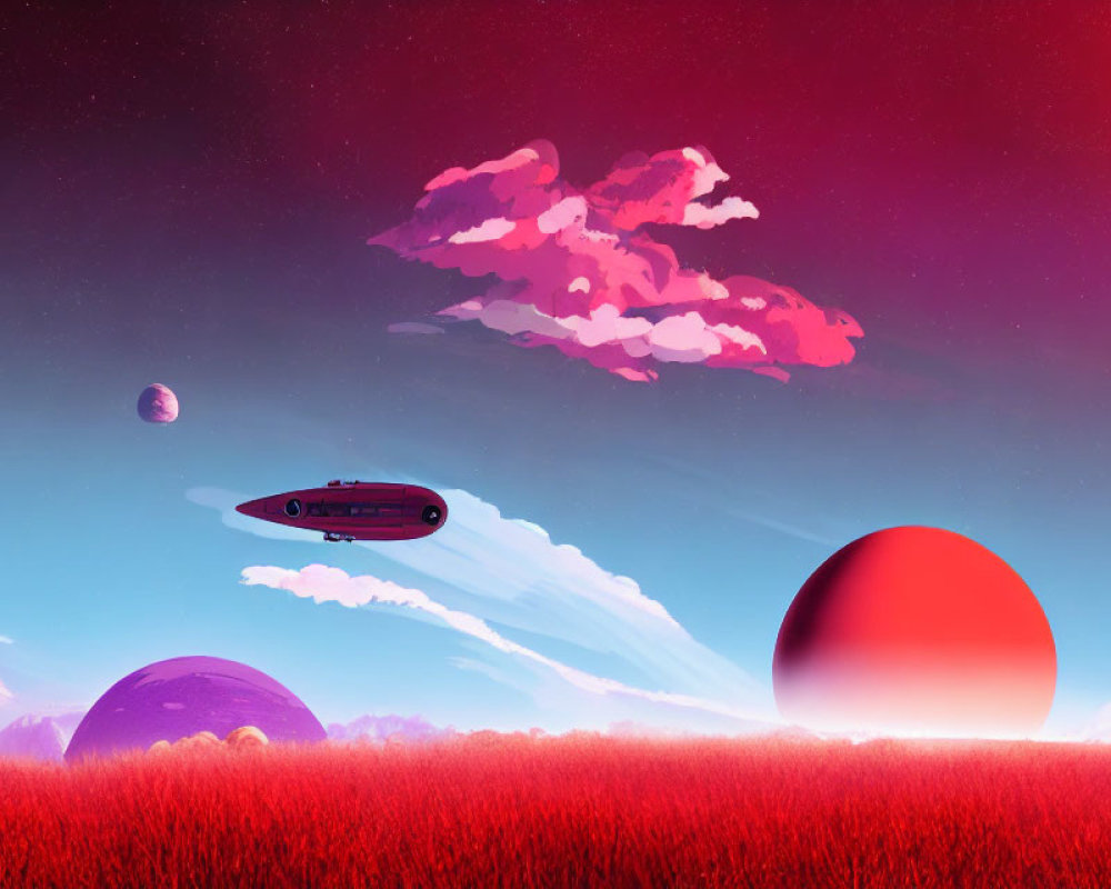 Futuristic sci-fi landscape with red grass field, floating islands, airship, purple sky