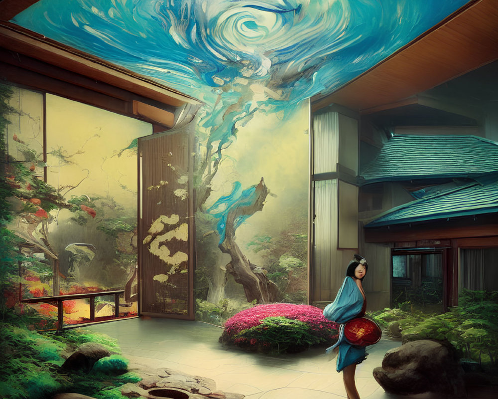 Surreal image of woman in traditional setting with swirling sky and garden view