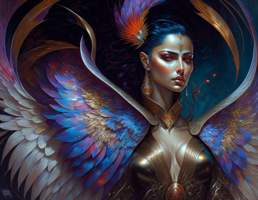 Mystical female figure with vibrant wings and gold armor on dark background