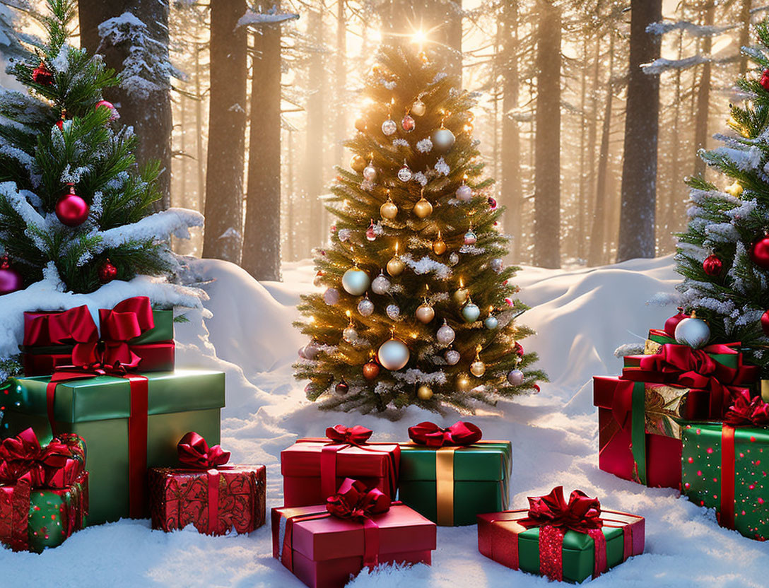 Christmas tree and presents in snowy forest with sunlight.