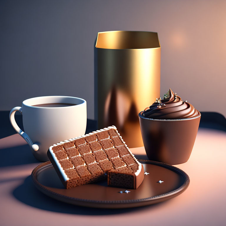 Coffee, cupcake, waffle, and golden container on tray in warm lighting