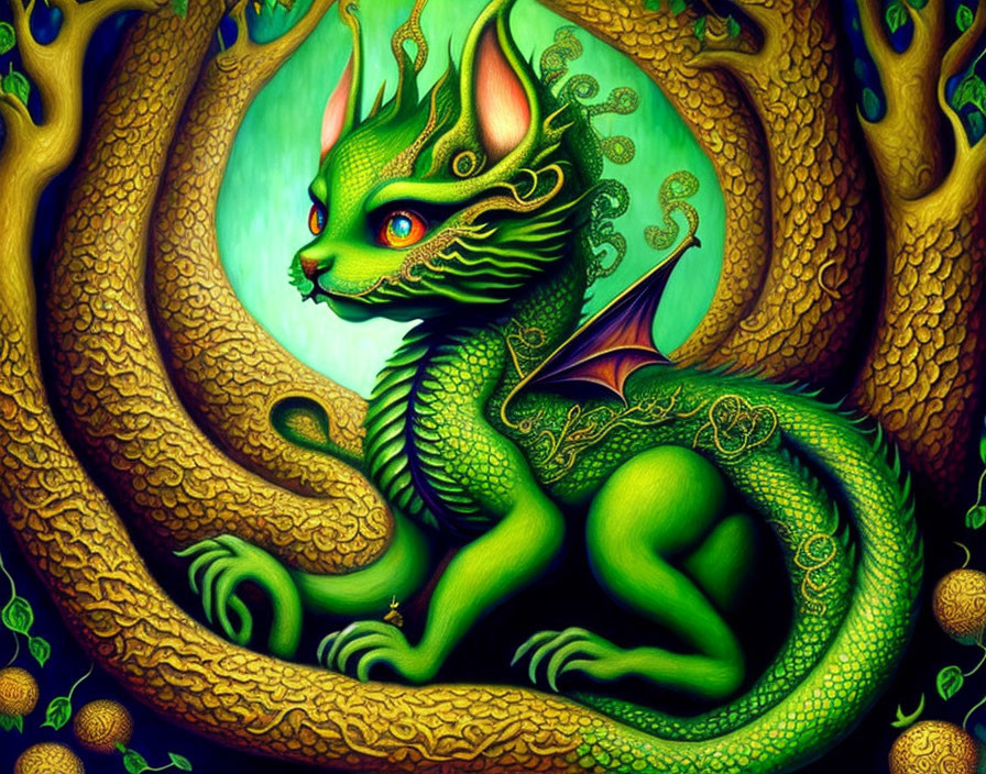 Colorful illustration of fantastical green dragon with red eyes and intricate scales against leafy backdrop