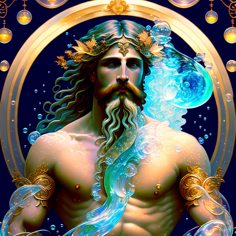 Mystical figure with gold crown and flowing beard in celestial setting