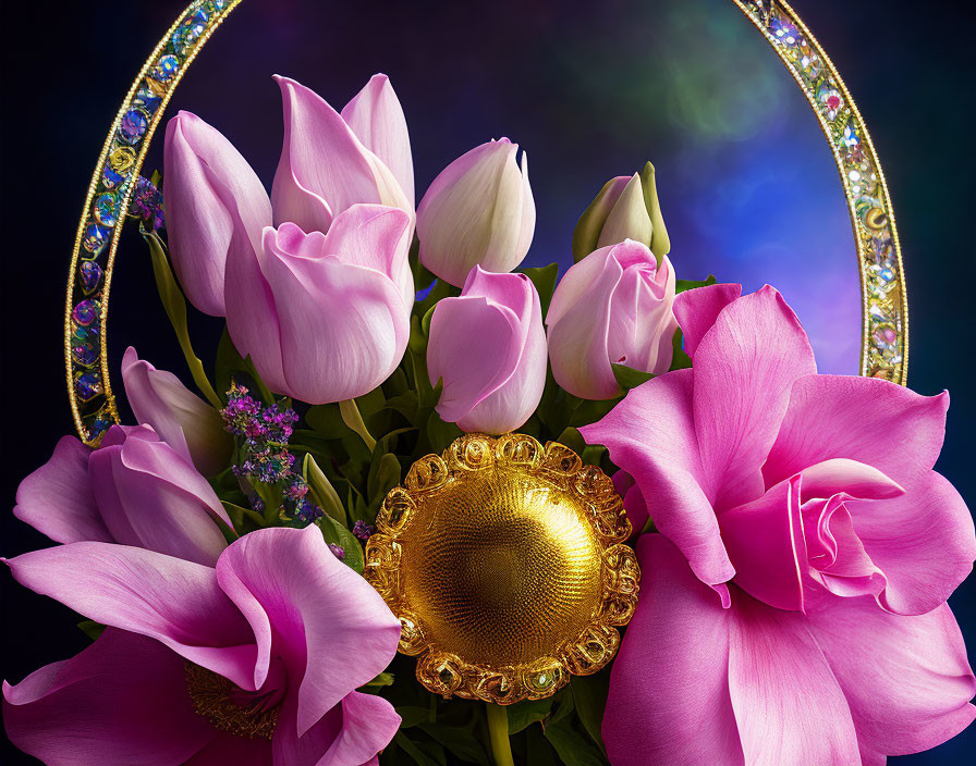 Vibrant pink tulips and roses in golden circular frame on dark backdrop