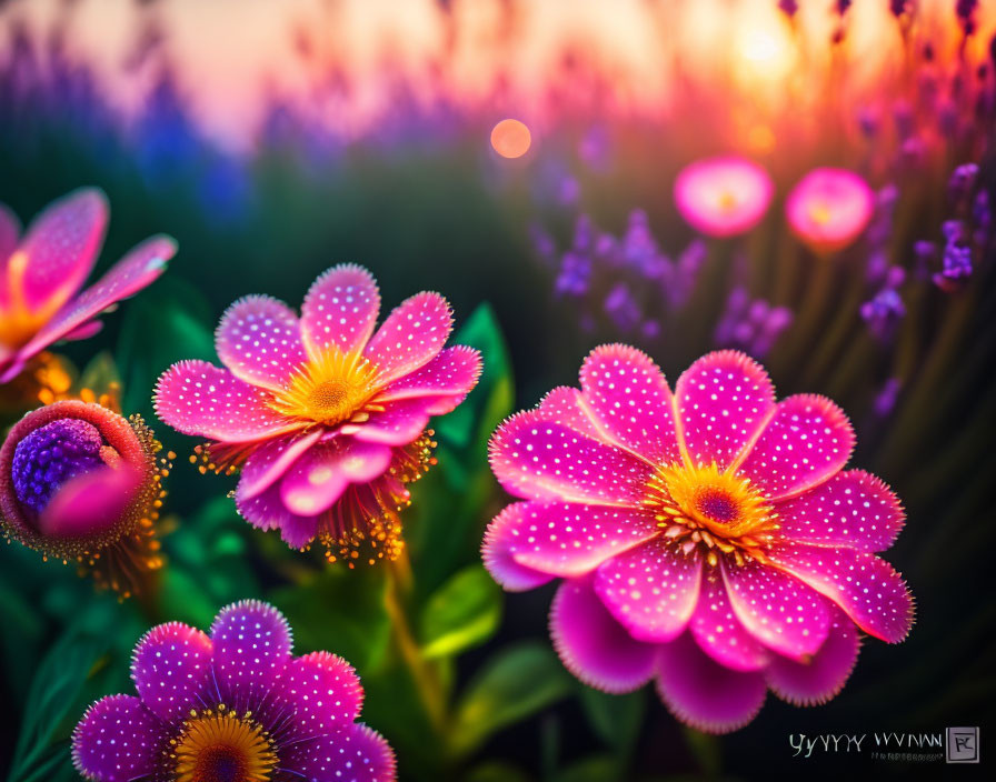 Colorful Pink Flowers with Dewdrops Among Purple Blooms at Sunset