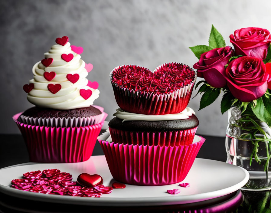 Decorative cupcakes, heart sprinkles, red roses in vase on grey background