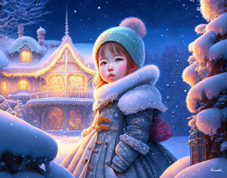 Young child in winter clothing admires snowy scene with ornate house and snow-covered trees