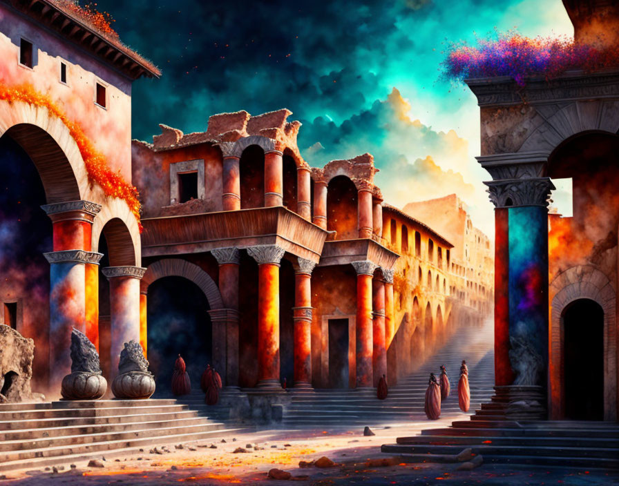 Vibrant Cosmic Skies Over Ancient Roman Street