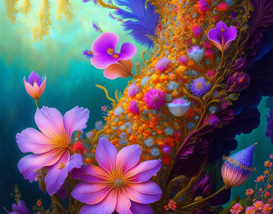 Ethereal garden digital art with vibrant purple, orange, and blue flowers on teal background