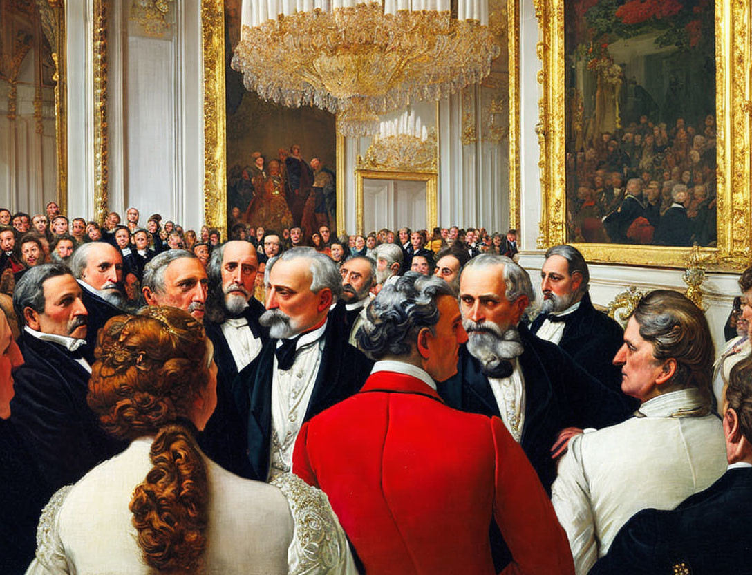 19th-Century Ballroom Painting with Elegant Attire and Chandelier