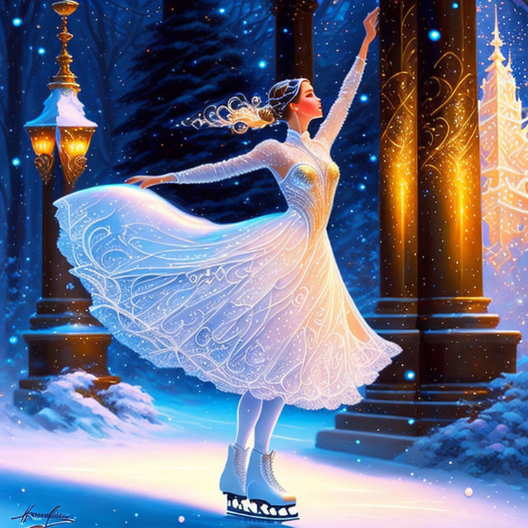 Woman ice skating in white dress at night with snow-covered trees and lamp post