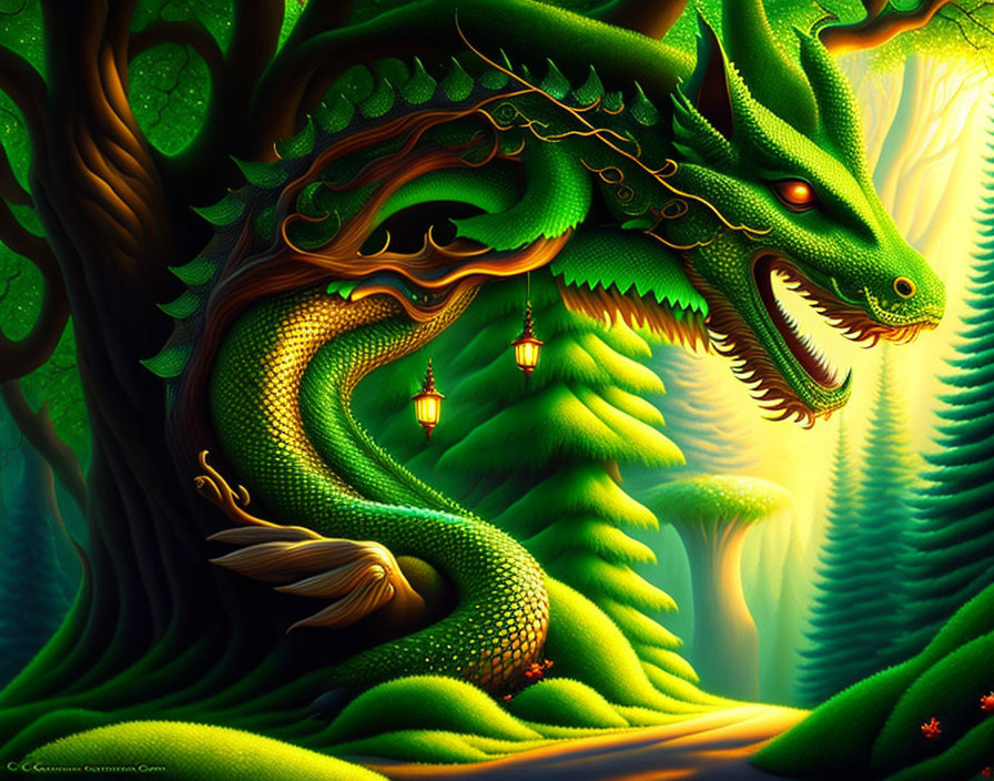 Green Dragon in Mystical Forest with Glowing Lanterns
