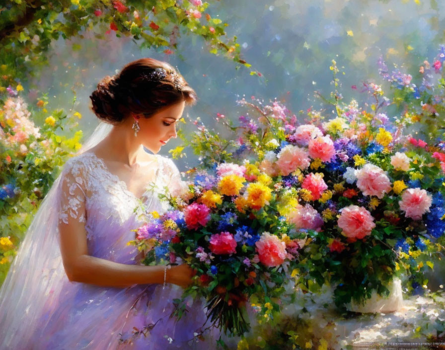 Bridal gown woman with vibrant bouquet in sunlit garden