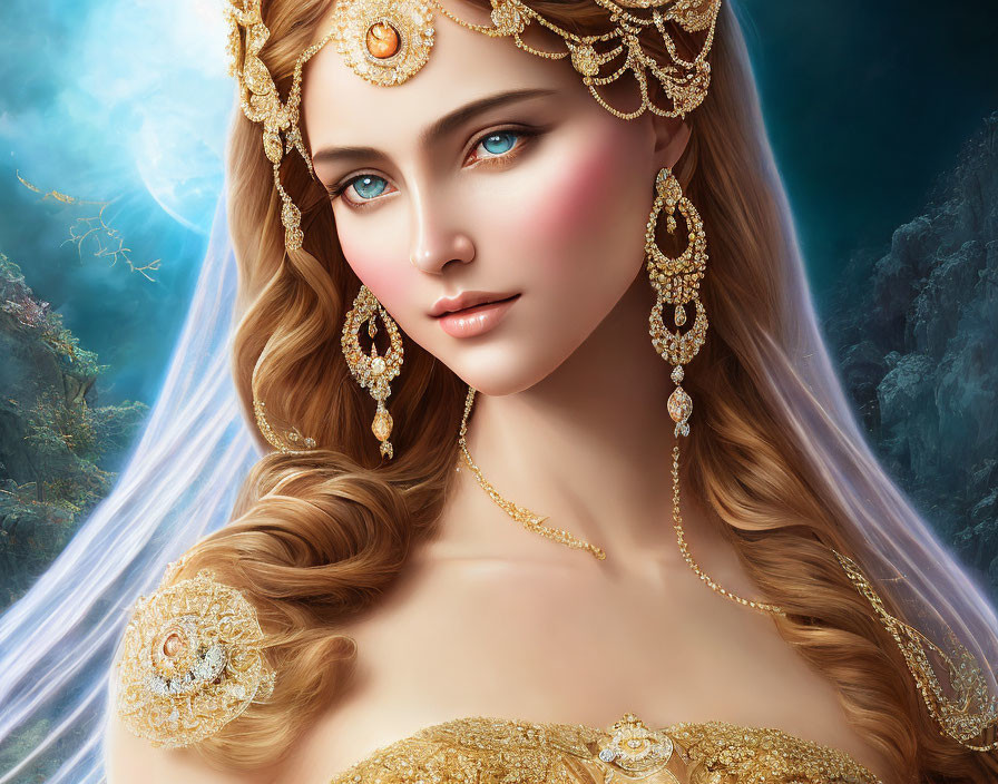 Fantasy portrait of woman with gold jewelry and circlet against blue background